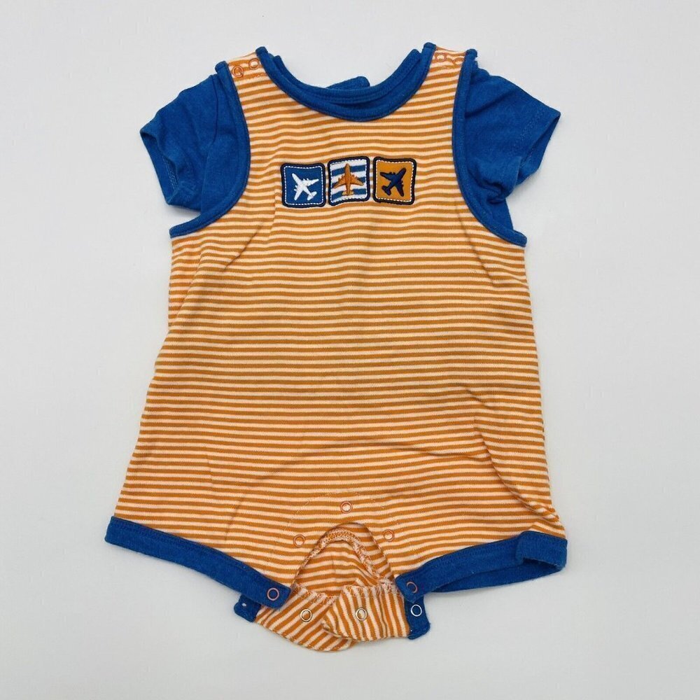 Offspring Infant Boys Size 6 Months Embroidered Airplane Striped Overalls 801